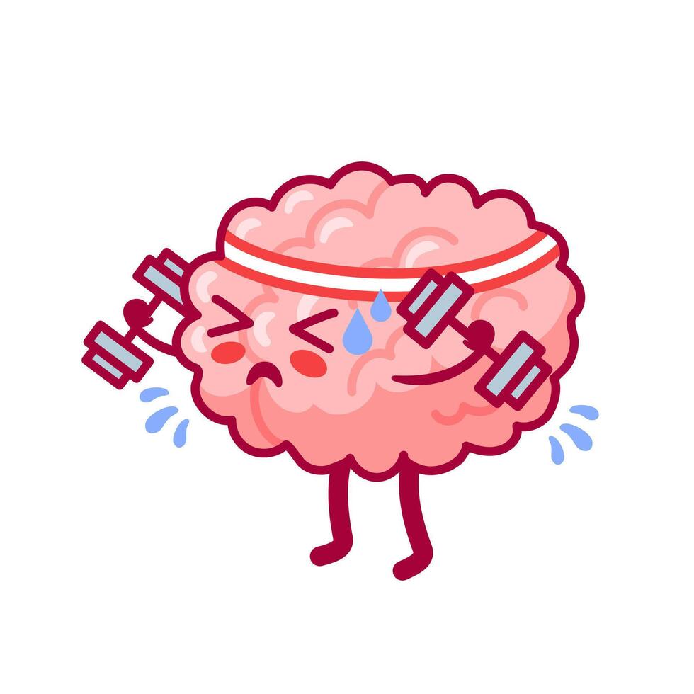 The brain in a headband with dumbbells is training. Cute character in kawaii style. Healthy organ, nervous system. illustration, flat style. mental health. Back to school. Cognitive function vector