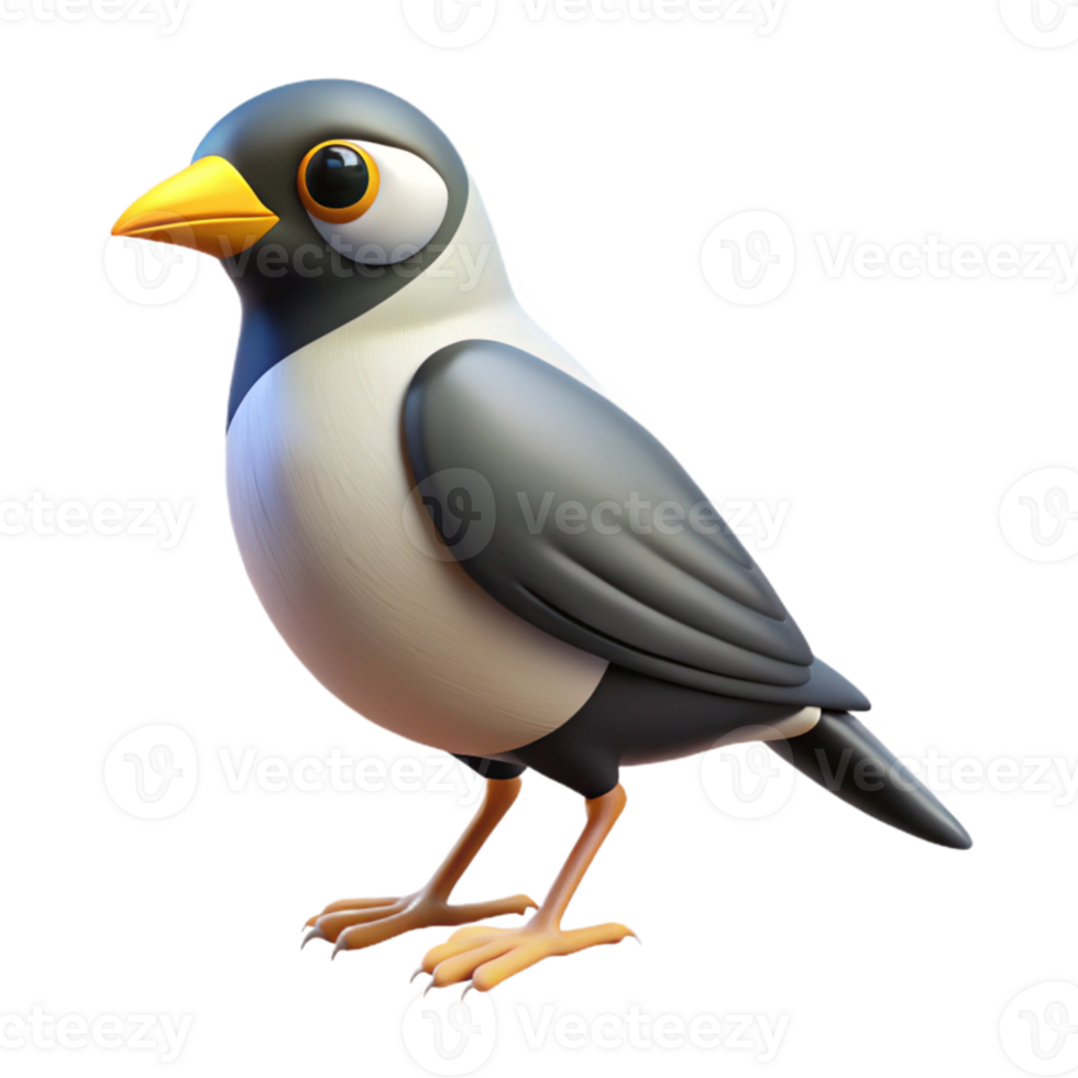 A bird with a yellow beak and black and white feathers png