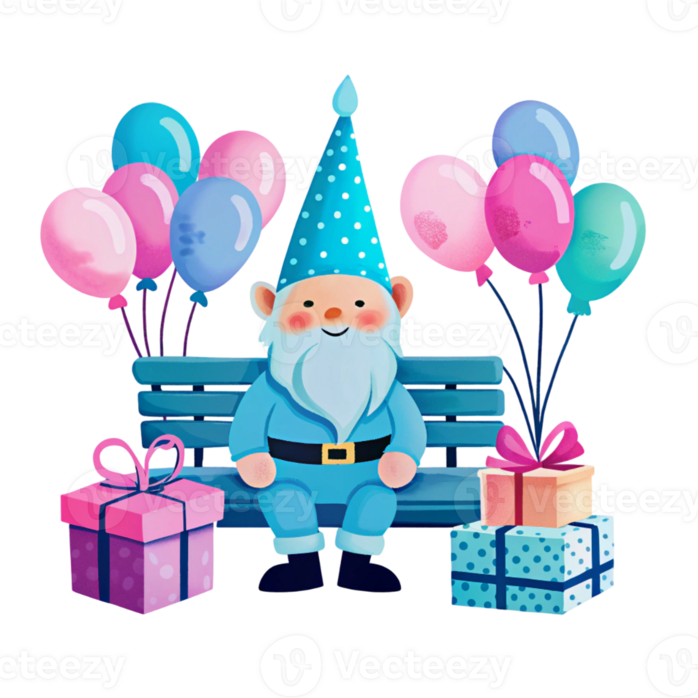 Gnome sitting on bench with presents and balloons png