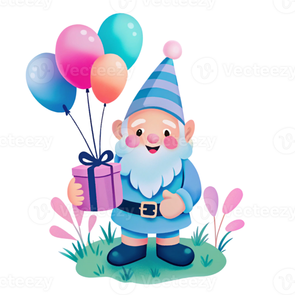 A cartoon gnome holding a gift box with balloons png