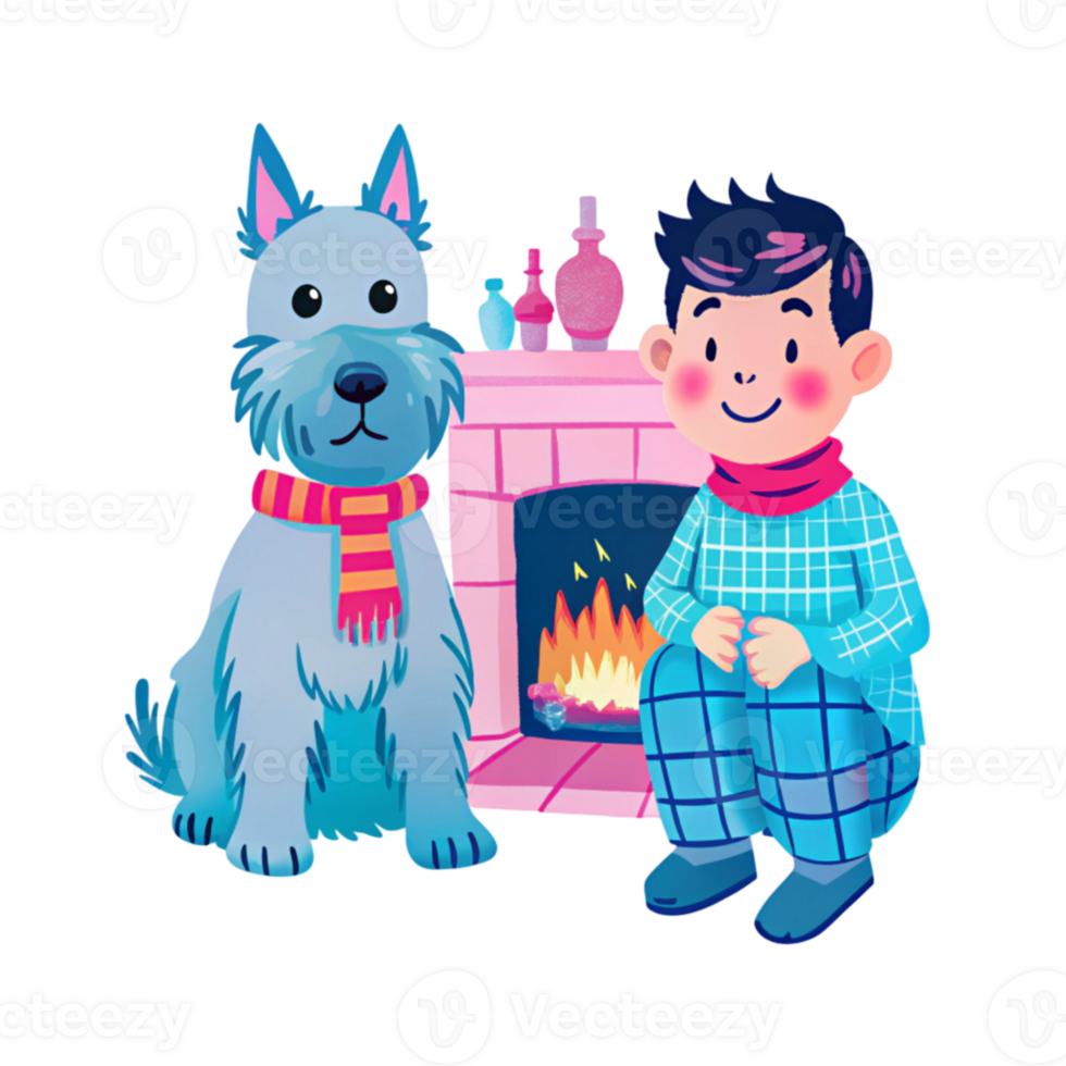 A boy and his dog by the fireplace png