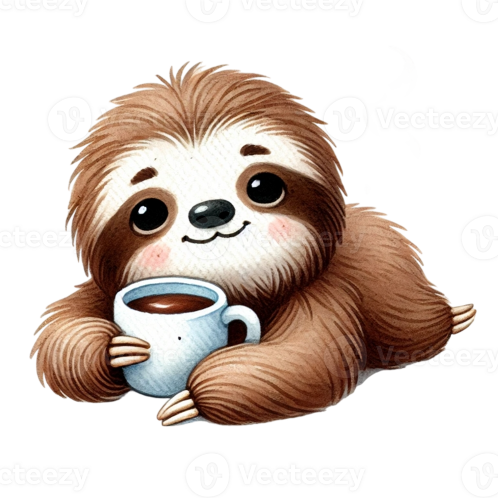 A cute sloth holding a cup of coffee png
