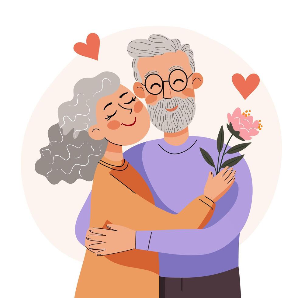 A cute senior couple embracing each other, smiling. illustration in flat style vector