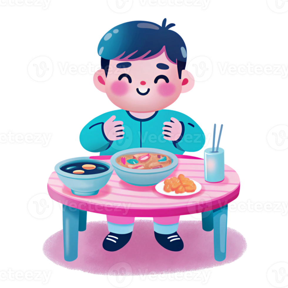 A boy sitting at a table with food and chopsticks png