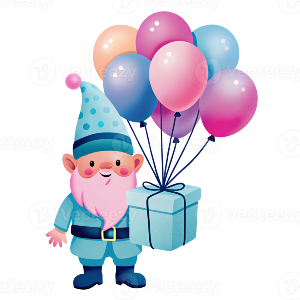 A cartoon gnome holding a gift box with balloons png