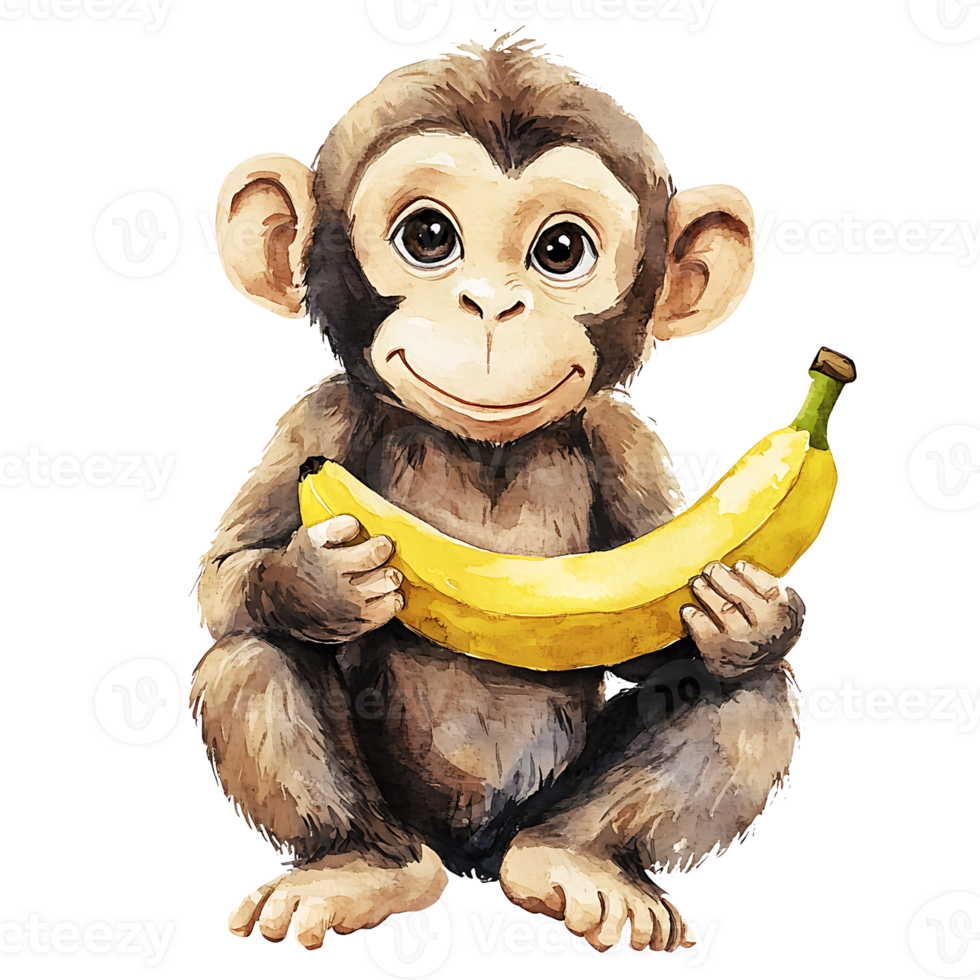 Cute monkey holding banana, showcasing playful and cheerful expression png