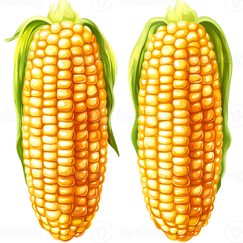 Fresh corn on cob with bright yellow kernels and green husks png