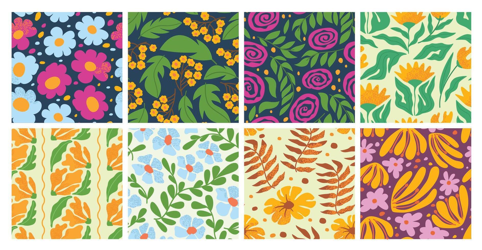 Abstract floral seamless patterns. Blooming flowers and hand drawn leaves, spring botanical motifs and garden blooms. Nature inspired backgrounds set vector