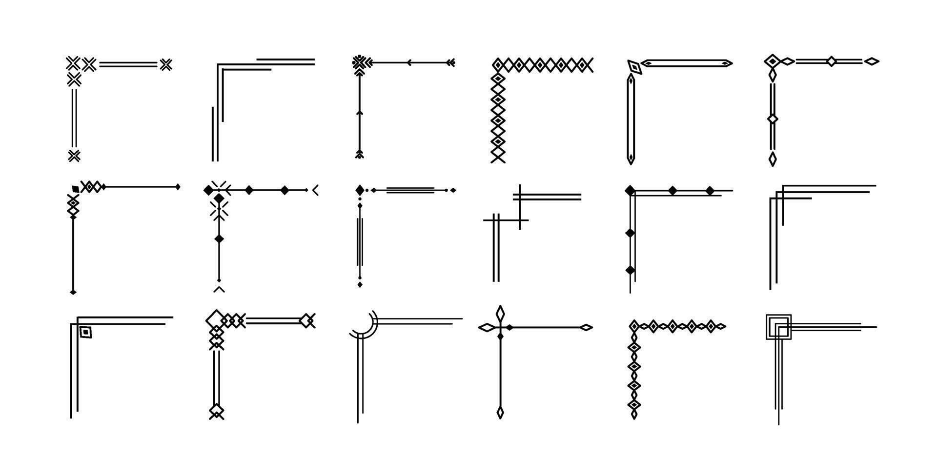Simple geometric line corners. Elegant corner decorative flourishes, borders with minimalist geometric patterns. Modern and clean linear framing graphic styles set vector