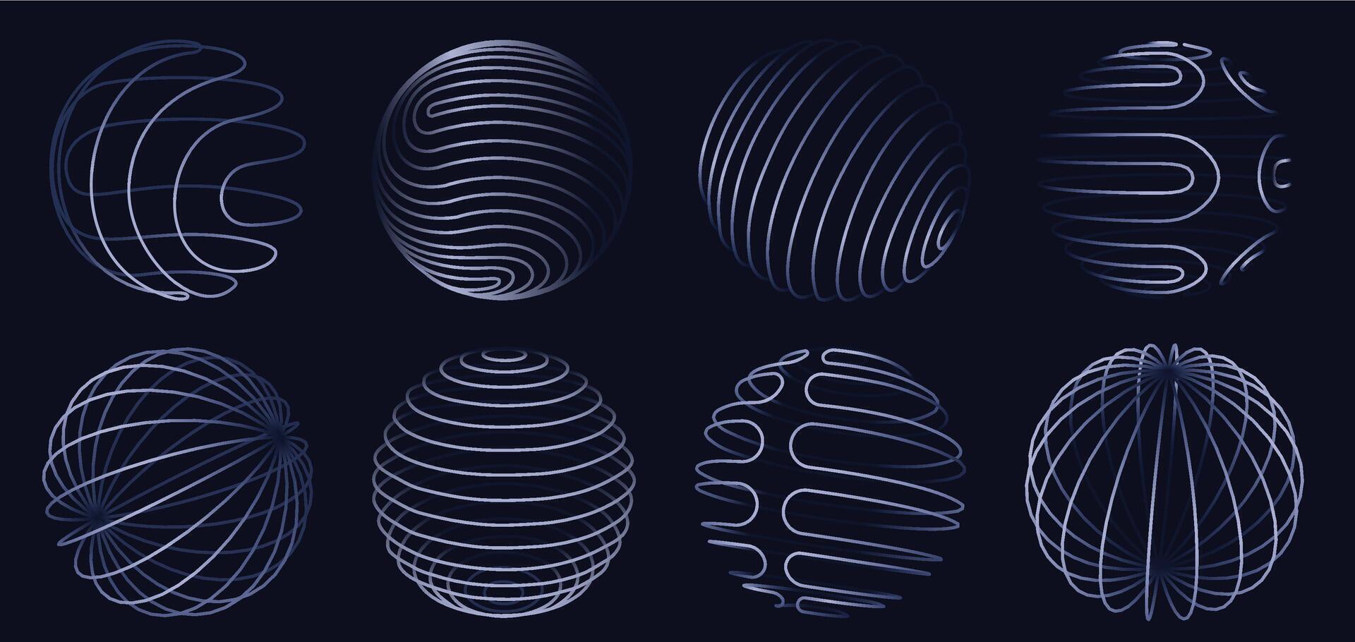 Sphere 3d wireframe lines. Abstract glowing digital globe designs with geometric curved line patterns, global networks spherical shapes and futuristic technology isolated set vector