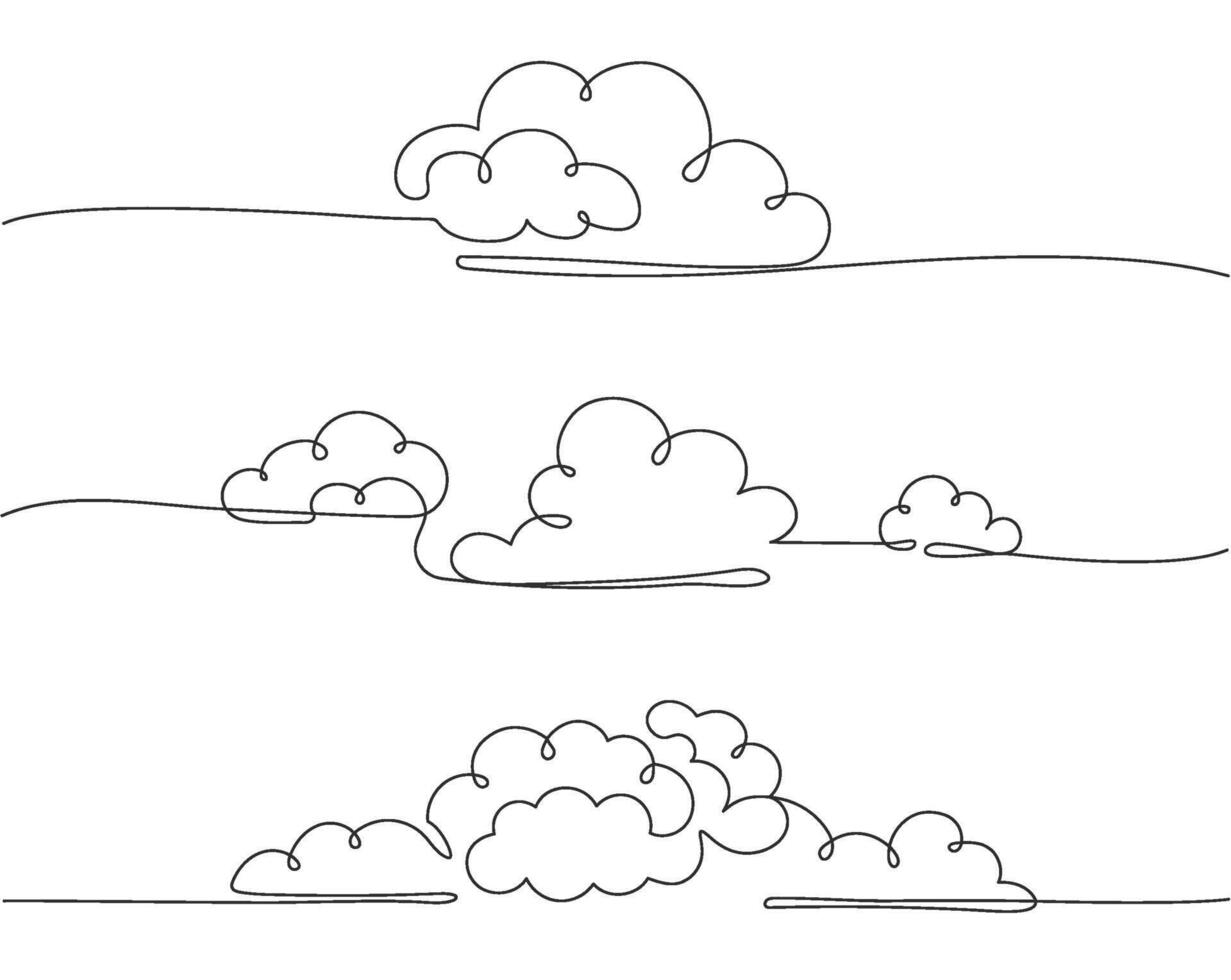 Continuous one line clouds. Minimalist linear fluffy cloud, simple nimbus and decorative sky themed overcast horizontal divider illustrations set vector