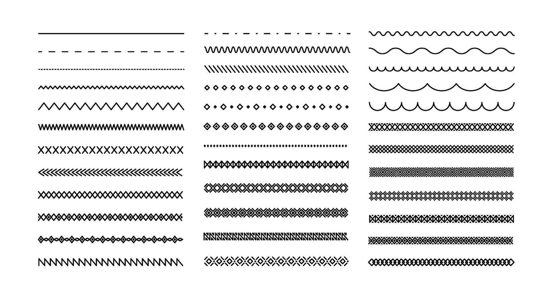 Simple geometric line borders. Minimal decorative dividers and border patterns with dashed, zigzag, wavy and diamond shapes for page decoration. Linear decor set vector
