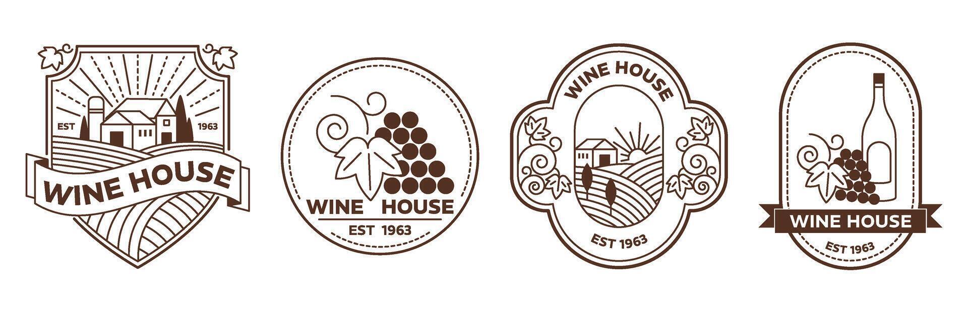 Vineyard emblems. Vintage wine house labels and winery badges with grape clusters, rolling vineyards and rustic farmhouse. Minimal line art templates set vector