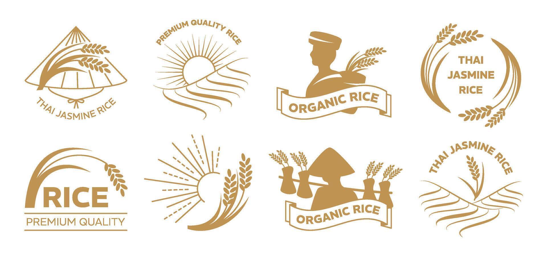 Thai jasmine rice emblems. Elegant badges with rice panicle, paddy field and farmer with Asian conical hats silhouettes. Agricultural product and farming branding templates set vector