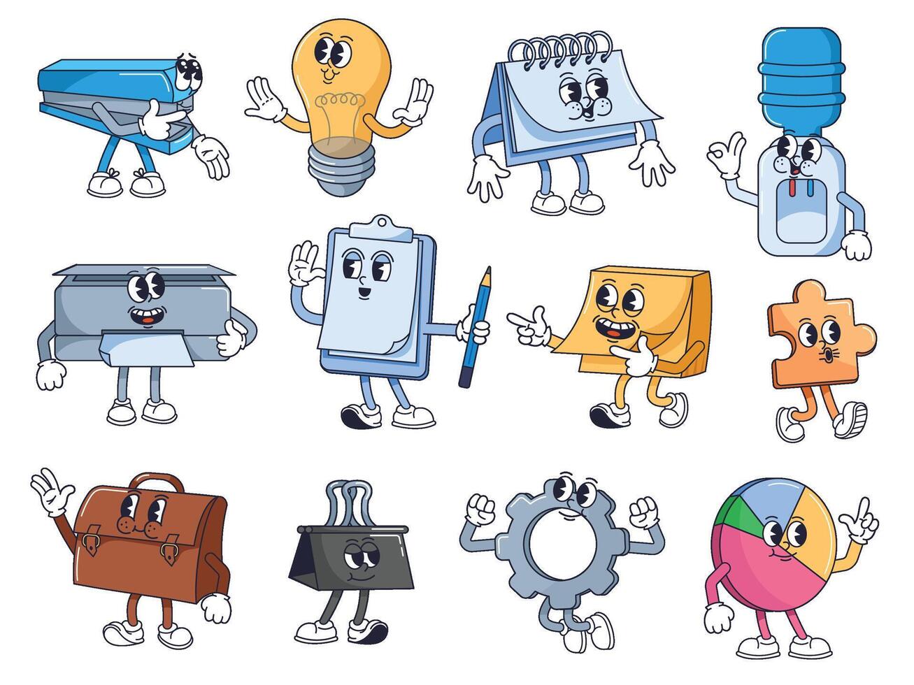 Retro cartoon office characters. Playful stapler, idea lamp, calendar, water cooler, printer, clipboard, sticky notes, puzzle piece, paper clip, gear and pie chart mascots illustrations set vector