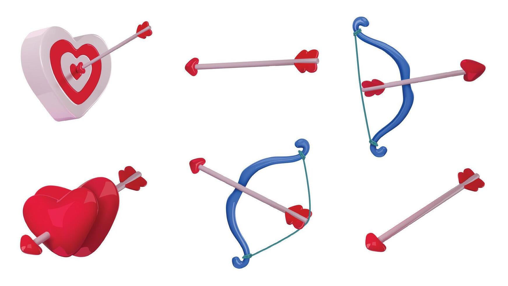 Cupid bow and arrow. 3D heart shaped target, love arrows and romantic bows, glossy hearts couple. Valentines Day archery realistic isolated set vector
