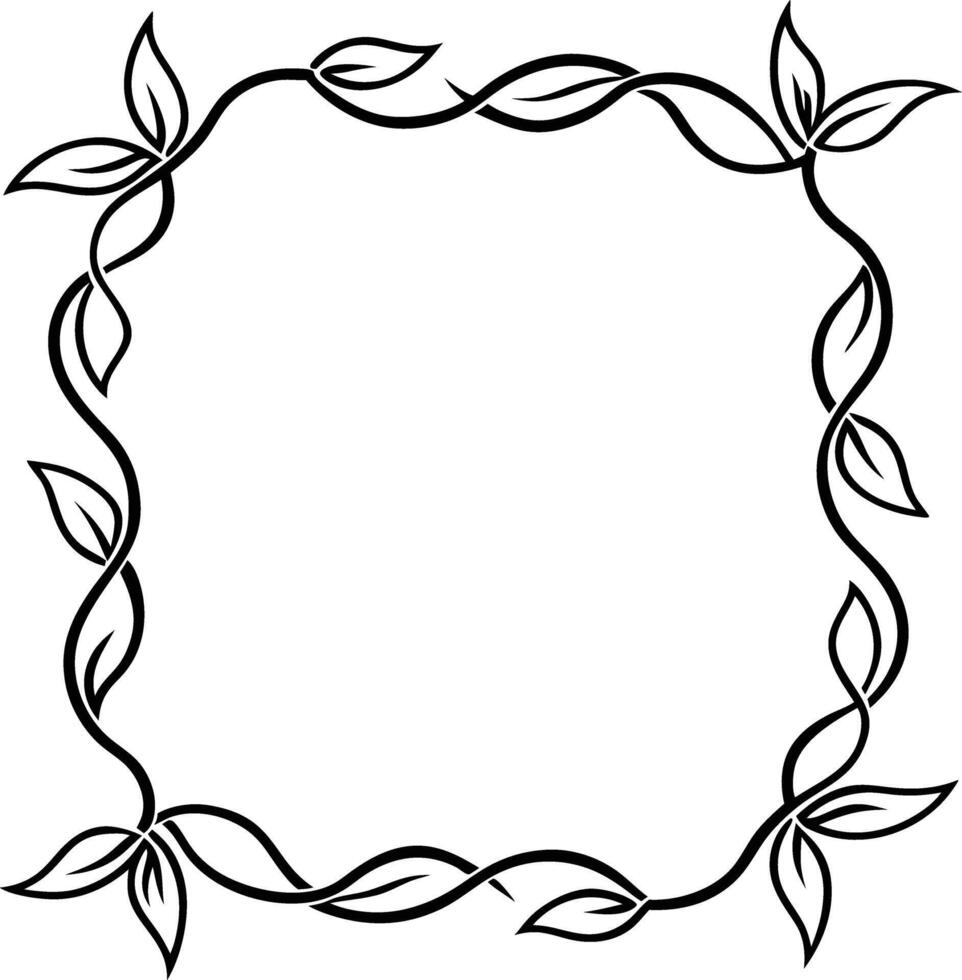 A black and white drawing of a square frame with leaves vector