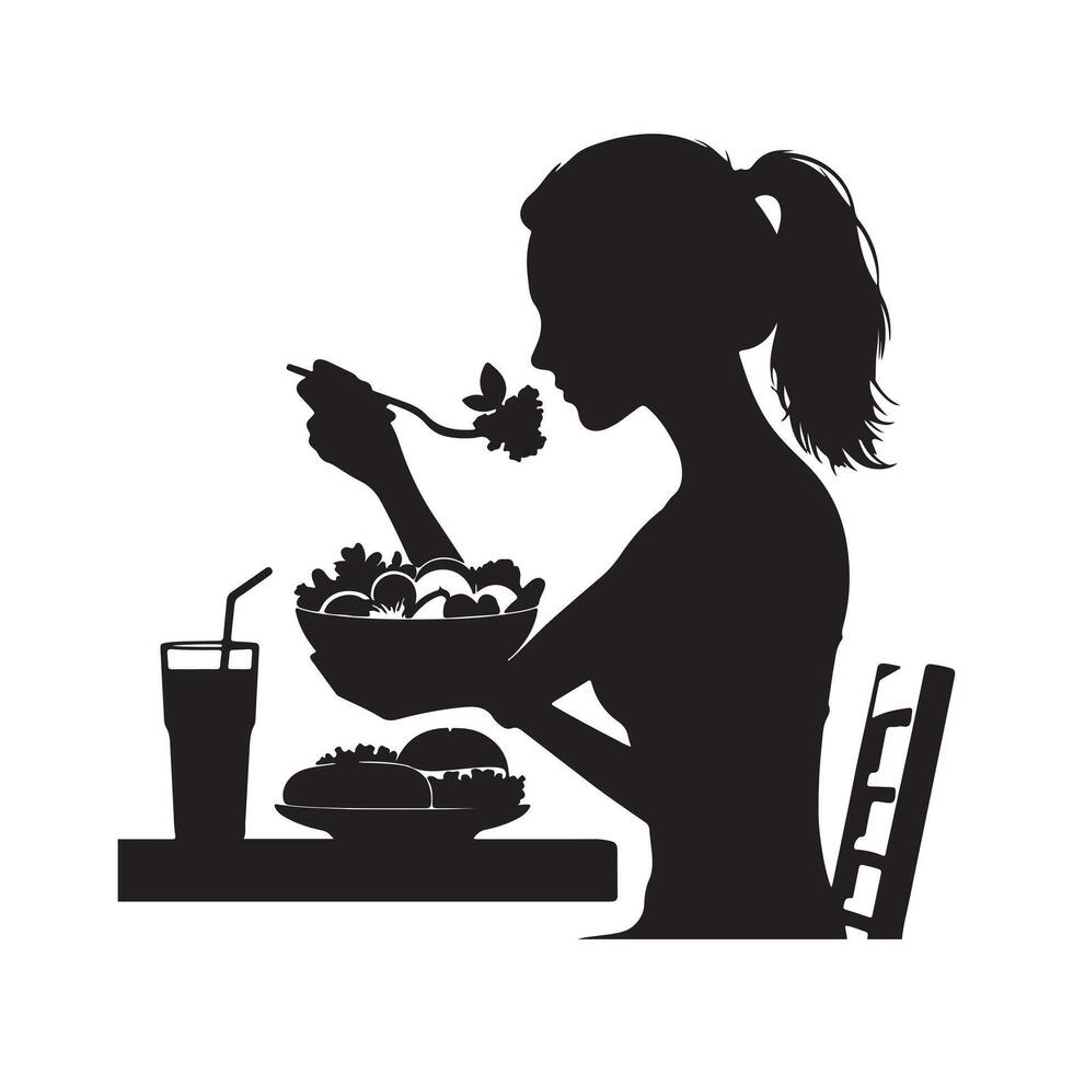 Eating a healthy meal silhouette on white background vector