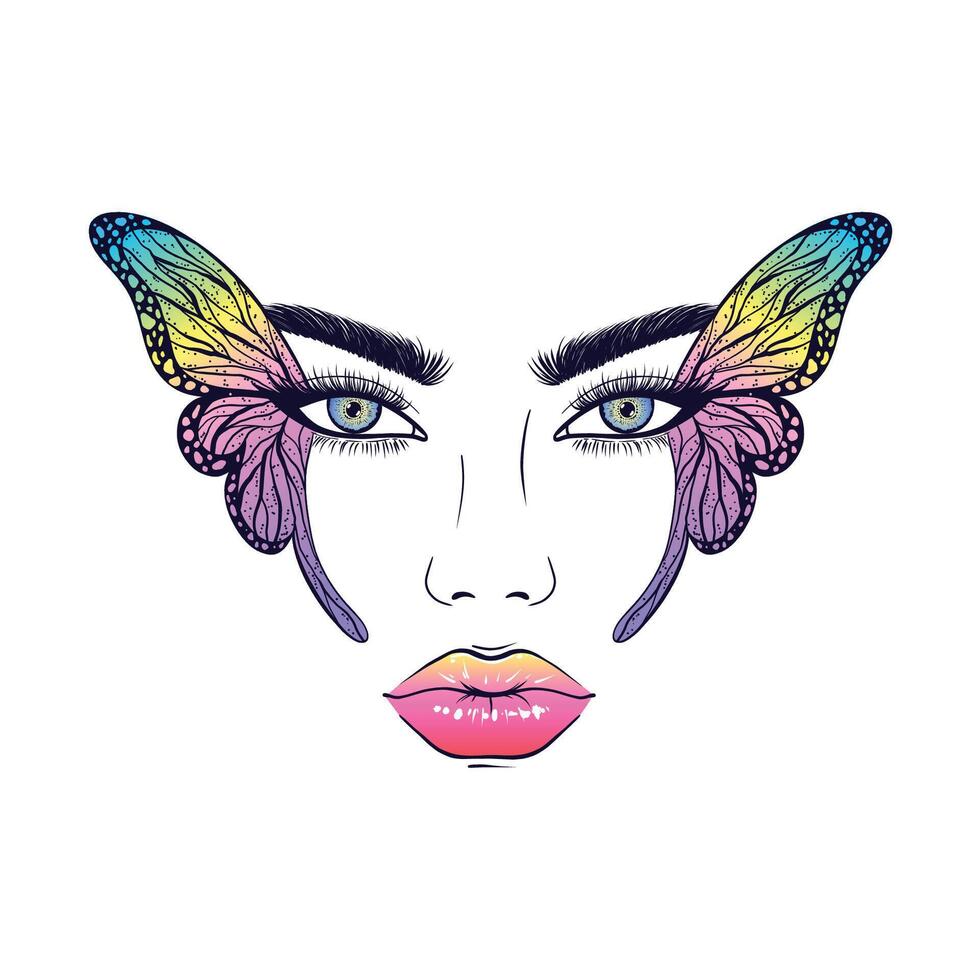 The face of a young woman whose eyes are decorated with butterfly wings. vector