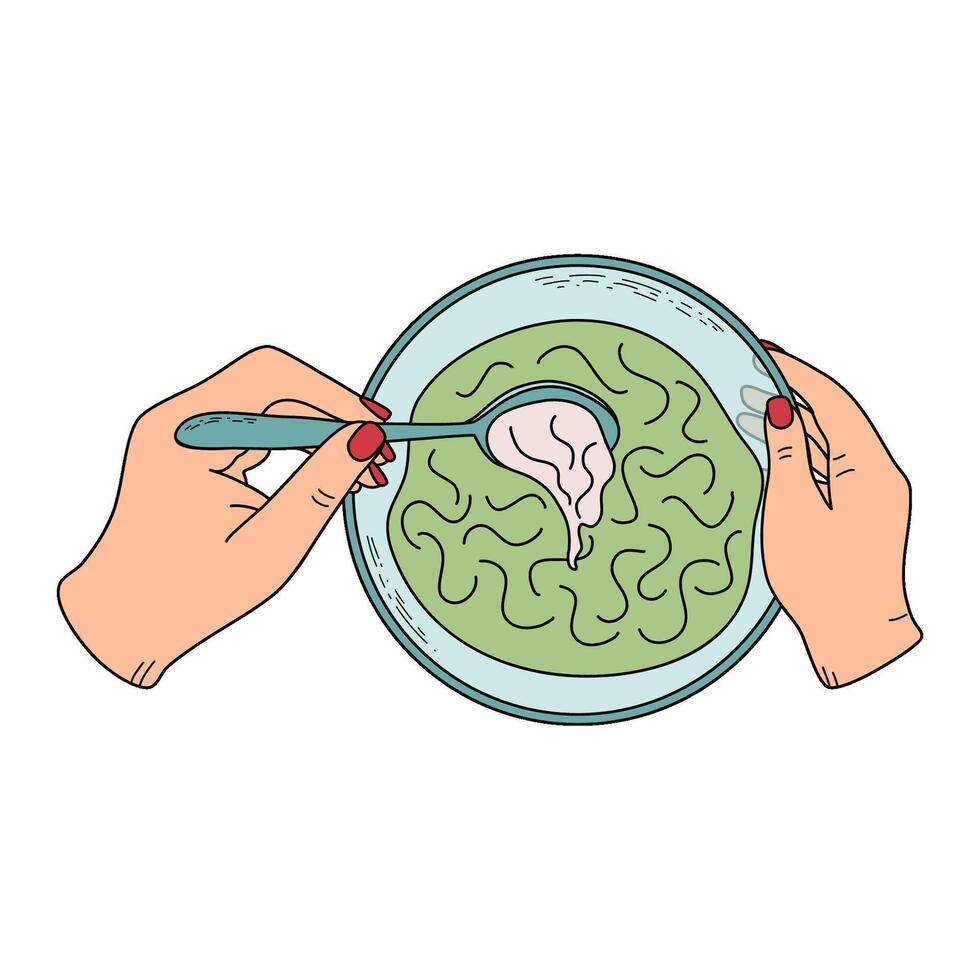 Fermentation. People hands add salt to food. Mixing food in bowl with spoon. Cooking and canning concept. Hand drawn doodle style illustration. vector