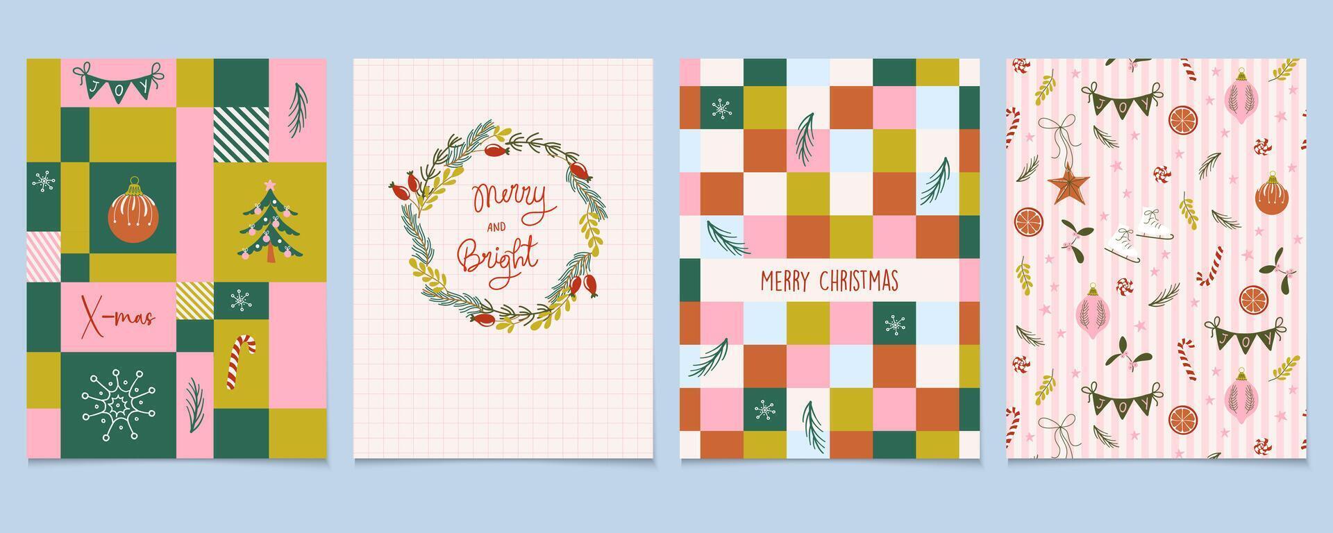 Merry Christmas greeting cards. Xmas congratulations. Set of cute Winter vintage festive prints. Hand drawn flat design illustrations for poster, textile, postcard. vector