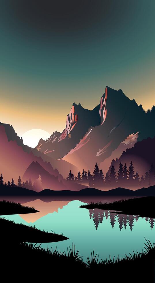 Morning landscape with lake, mountains and trees vector