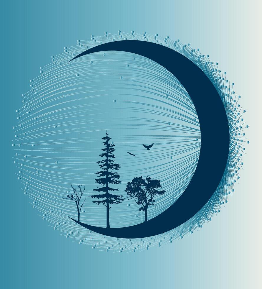 Drawing of moon silhouette with trees and birds on mint background vector