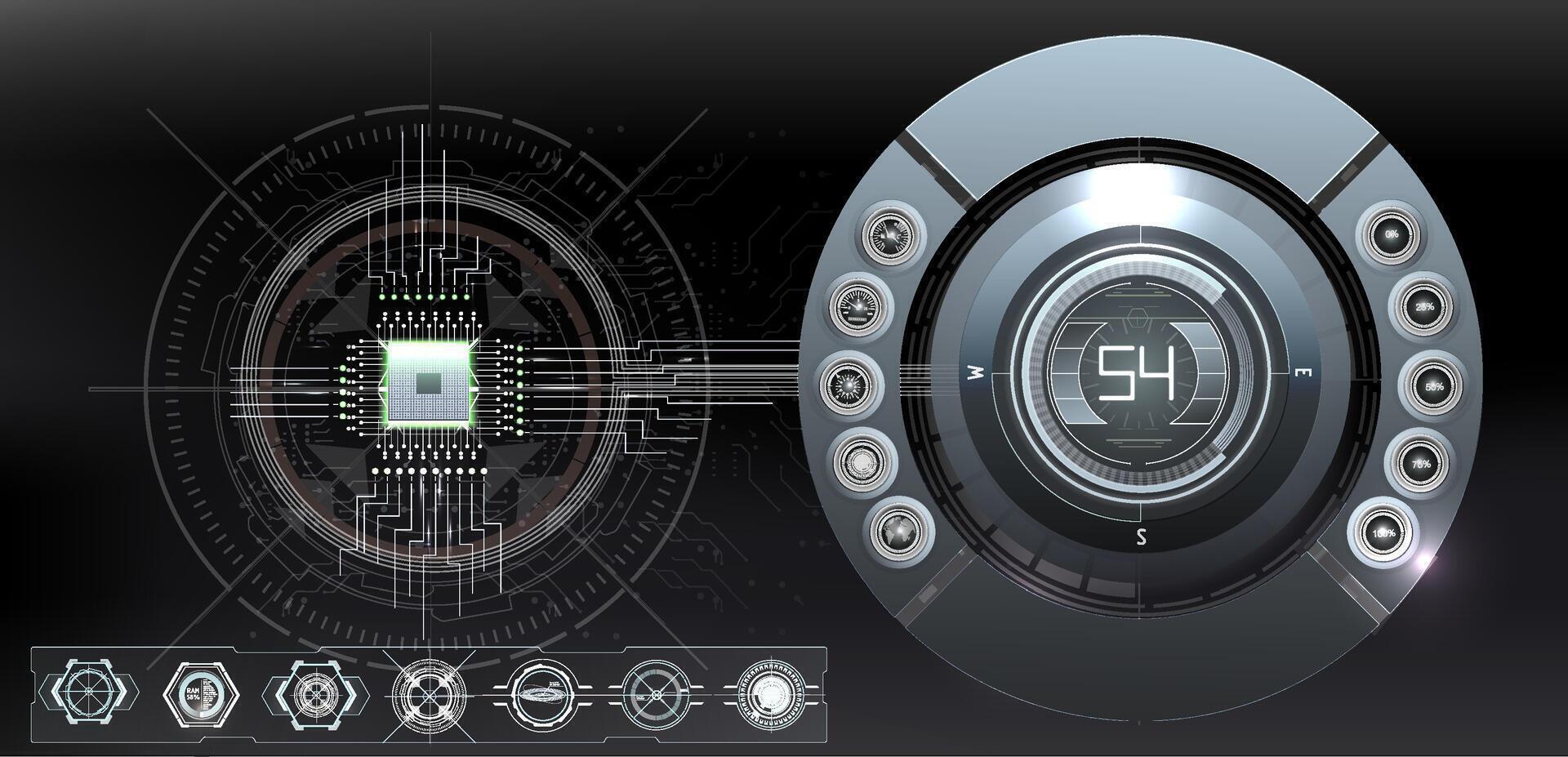 Abstract digital interface design showcasing a futuristic control panel with circular elements and intricate patterns. vector