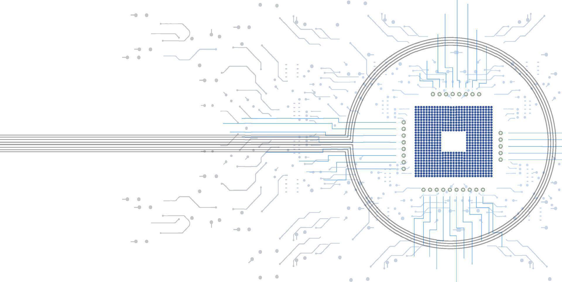 Graphic representation of a microchip connected with circuit pathways radiating outward. vector