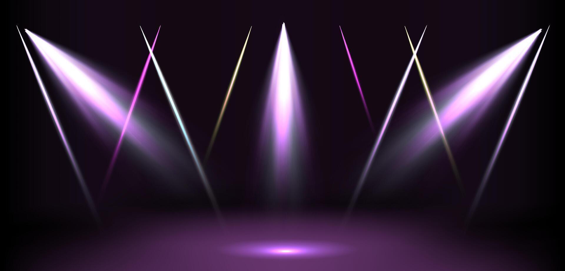 Bright spotlight beams create a dramatic atmosphere on a dark stage for a performance or event. vector