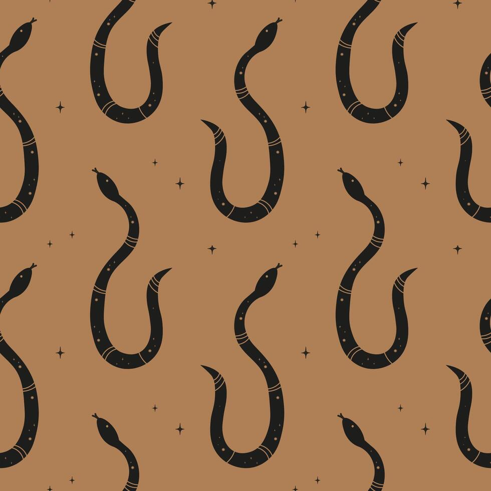 Boho seamless pattern with snakes and stars, symbol of New Year. Hand drawn mystical repeating moko background with mystical reptiles. Design elements for wrapping, textile, card, print, paper vector