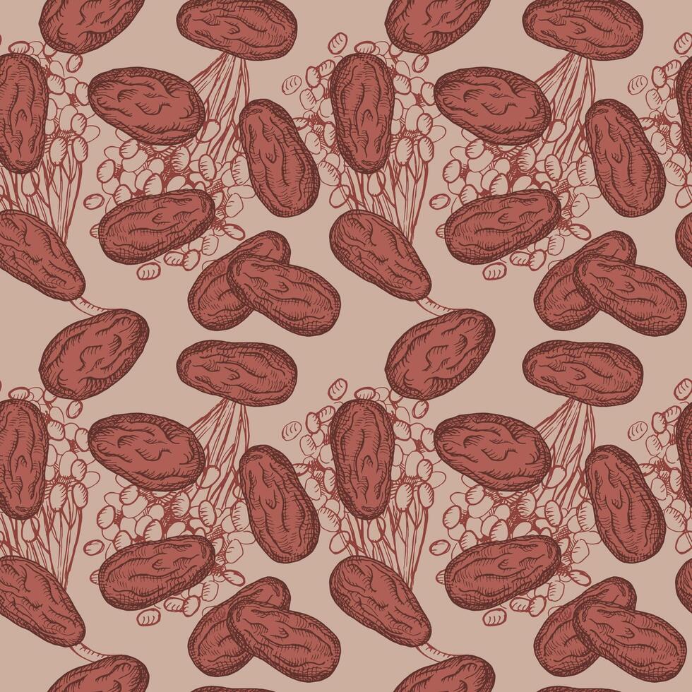 Seamless pattern with Dates plants. Hand drawn repeating background with fresh edible date palm fruits, leaves and dried fruits. Healthy food. For print, label, template, logo, card, textile vector