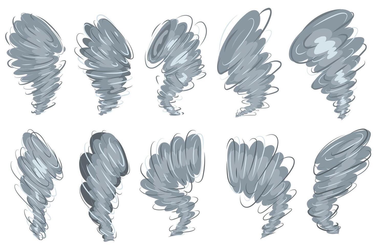 Tornado set elements in flat graphic design. Collection of hurricane air and whirlwinds, grey twisters, destruction whirlpool, thunderstorm cyclone vortex, bad weather symbols. illustration. vector