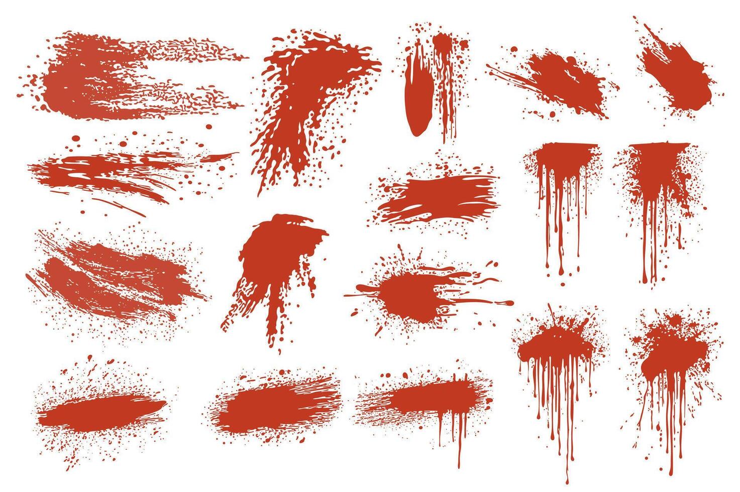 Grunge red blood splatters set elements in flat graphic design. Collection of liquid strokes and spots with messy bloody texture, flowing stains and blobs with splash drops. illustration. vector