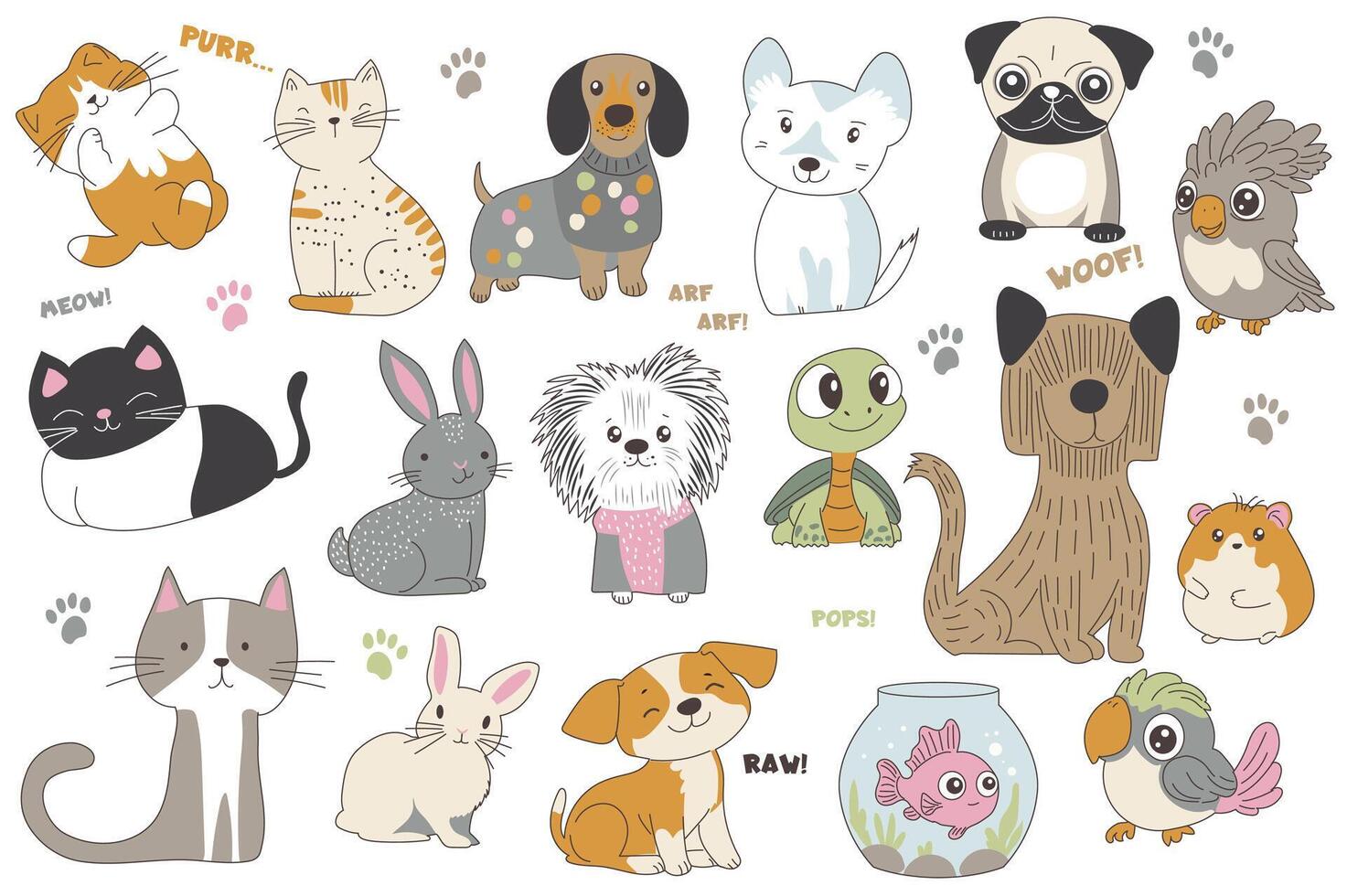 Cute cartoon domestic animals set elements in flat graphic design. Collection of funny playful cats and kittens, dog and puppies, parrots, rabbits, turtle, hamster, fish aquarium. illustration. vector