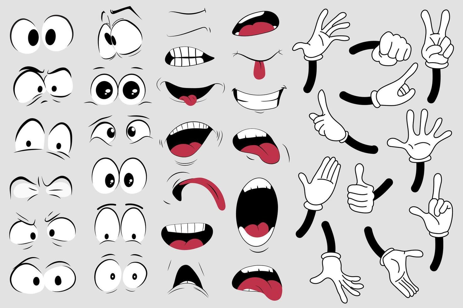Groovy comic faces set elements in flat graphic design. Collection of different feeling expressions of funny eyes, mouths and hands, showing good or bad emotions in 70s style. illustration. vector