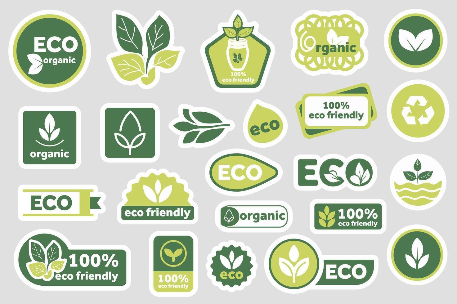 Eco friendly stickers set elements in flat graphic design. Collection of green ecologic labels for food packaging with bio, organic, natural words, recycle and leaf sign, other. illustration. vector