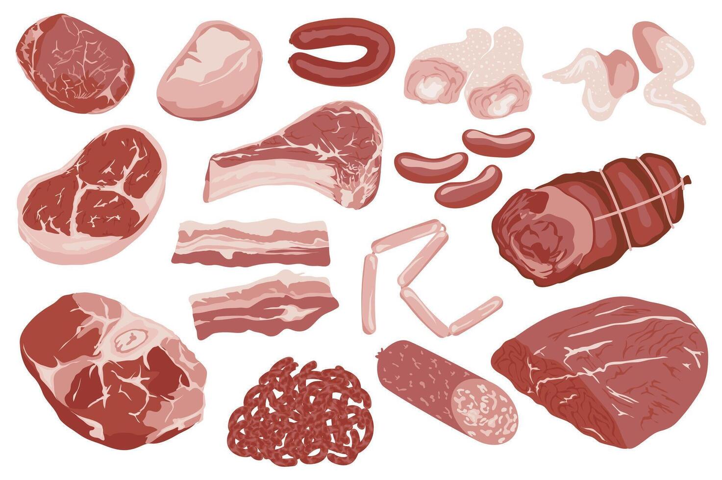 Butchery food set elements in flat graphic design. Collection of raw slices of beef, lamb, pork, steak, chicken legs and wings, sausages, salami, bacon and other meat products. illustration. vector
