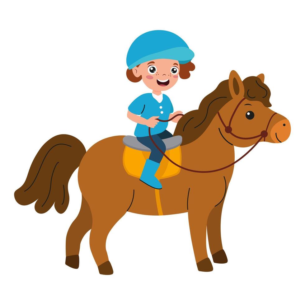 Child joyfully rides a brown pony at a fun outdoor location in bright daylight vector