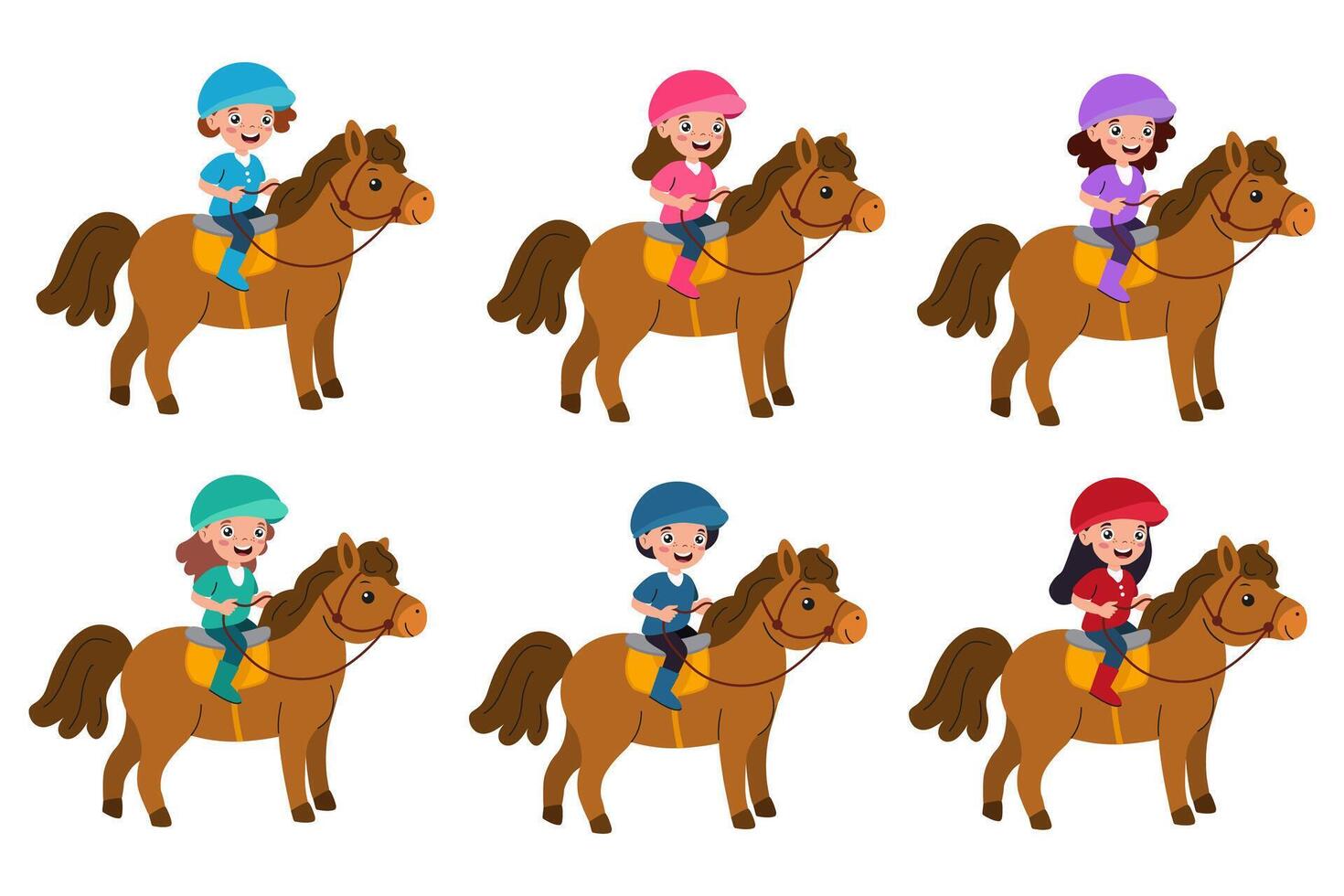 Kids having fun riding horses in a colorful and cheerful outdoor setting vector