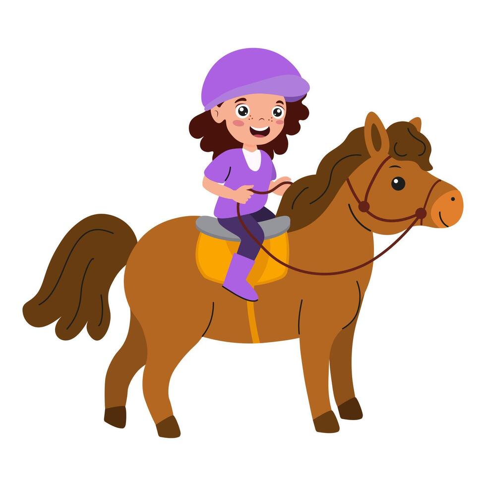Young girl enjoying a pony ride in a vibrant setting during a sunny day vector
