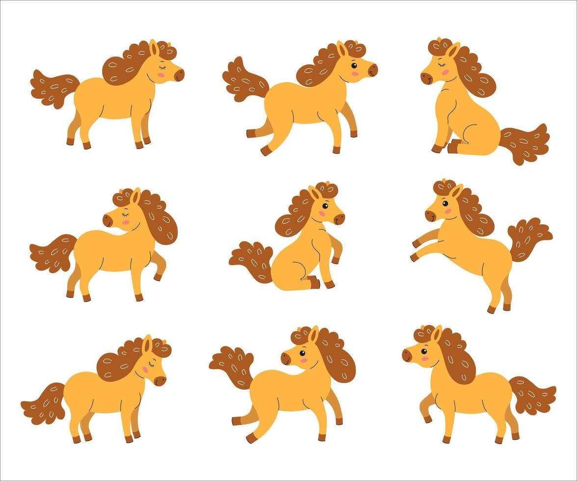 Cute cartoon ponies in various playful poses on a white background vector