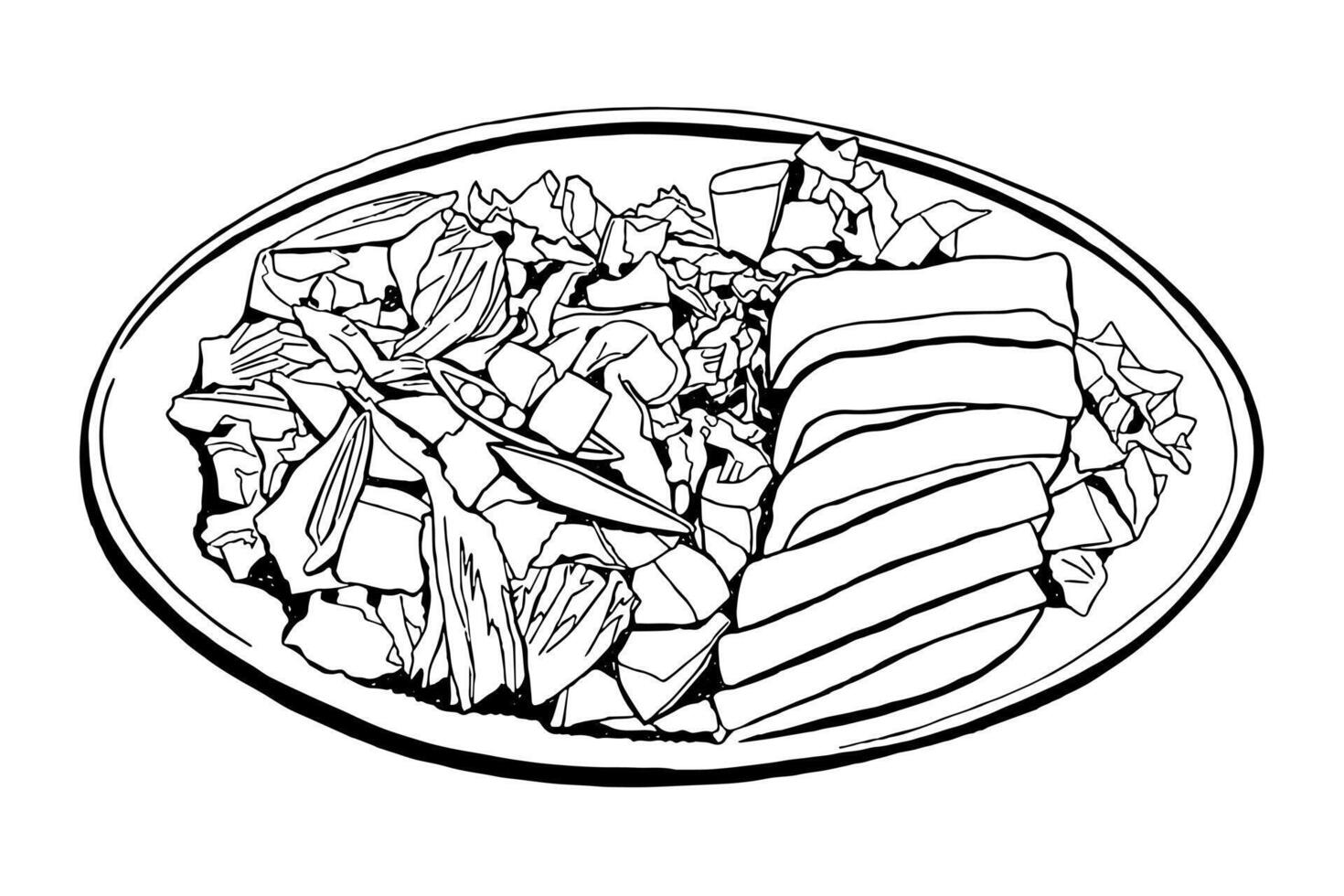 Hand Drawn Pork Dinner with Kale Salad on Plate, Doodle Illustration vector