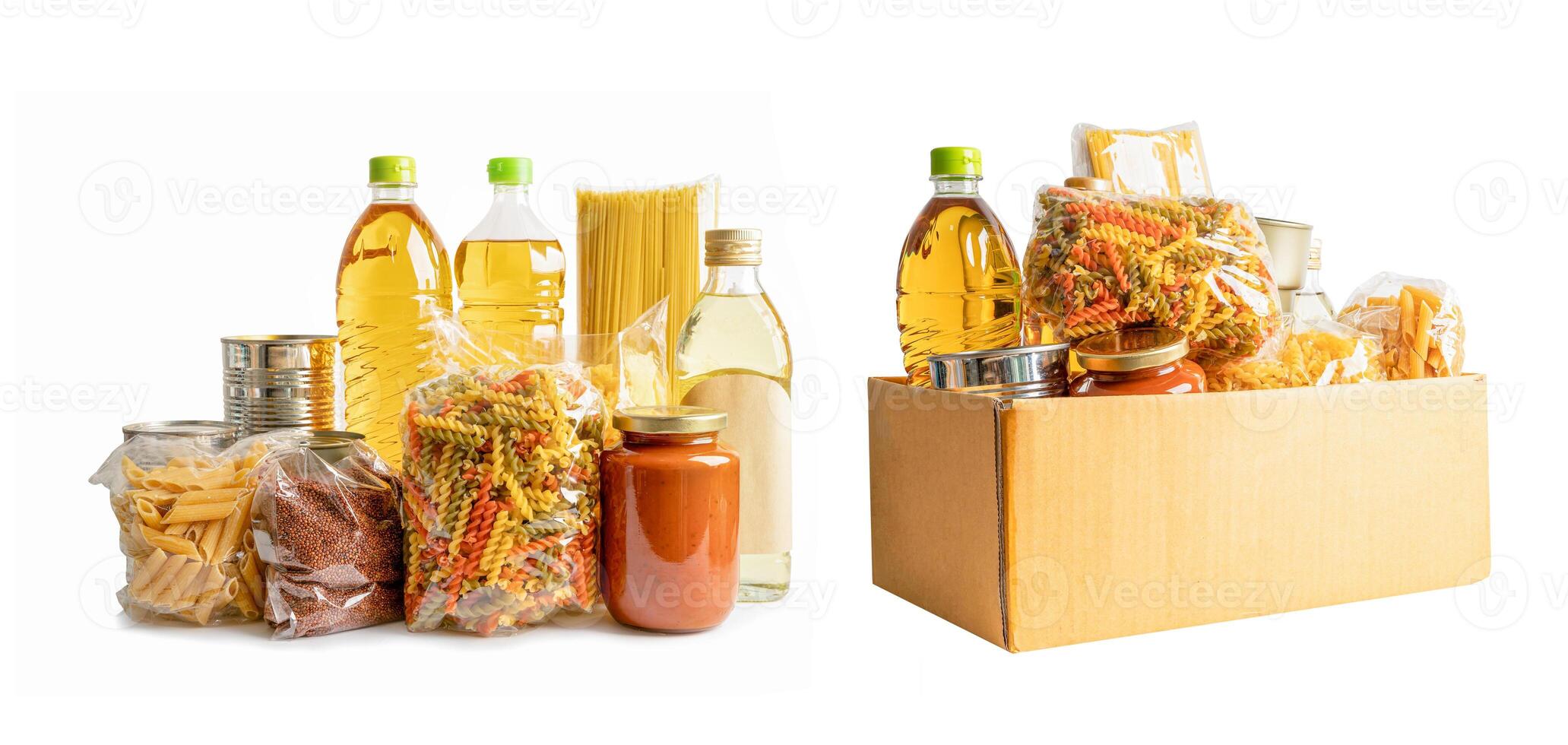 Foodstuff for donation, storage and delivery. Various food, pasta, cooking oil and canned food in cardboard box. photo