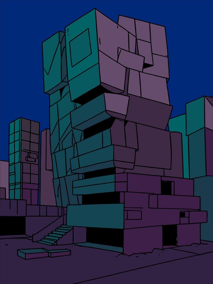Dark colors geometric blocks a modern abstract building with brutalism stlye and night sky vector