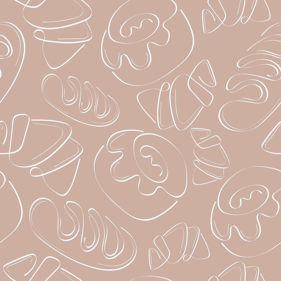 seamless pattern of simple bakery icons of croissant, loaf and donut in line art style on beige background vector
