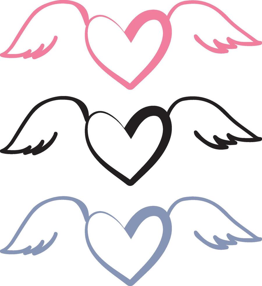 festive icons, namely round hearts drawn in line art style with bird wings vector