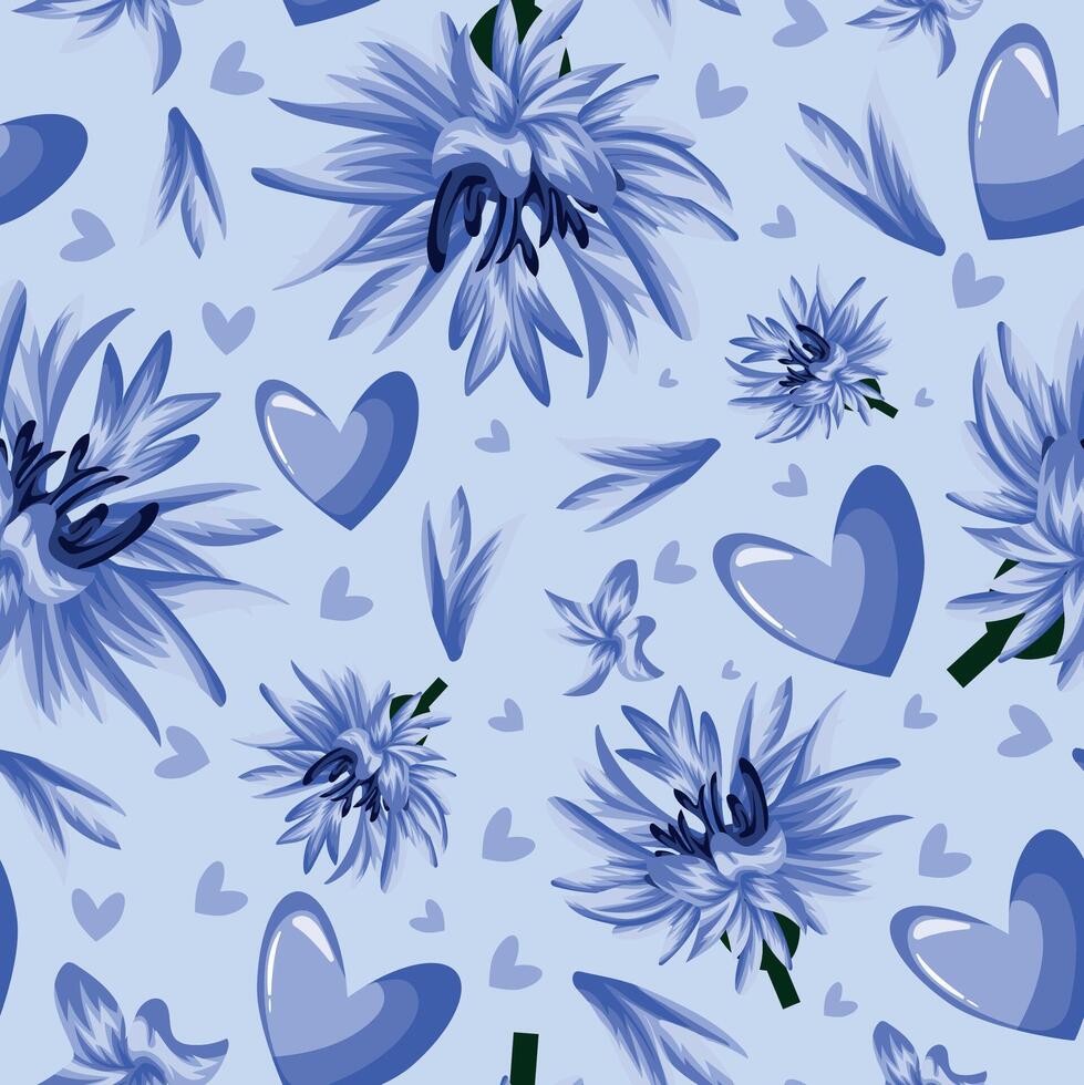 seamless pattern with blue hearts and buds of field blue cornflower and delicate petals on a blue background, for the holiday of St. Valentine vector