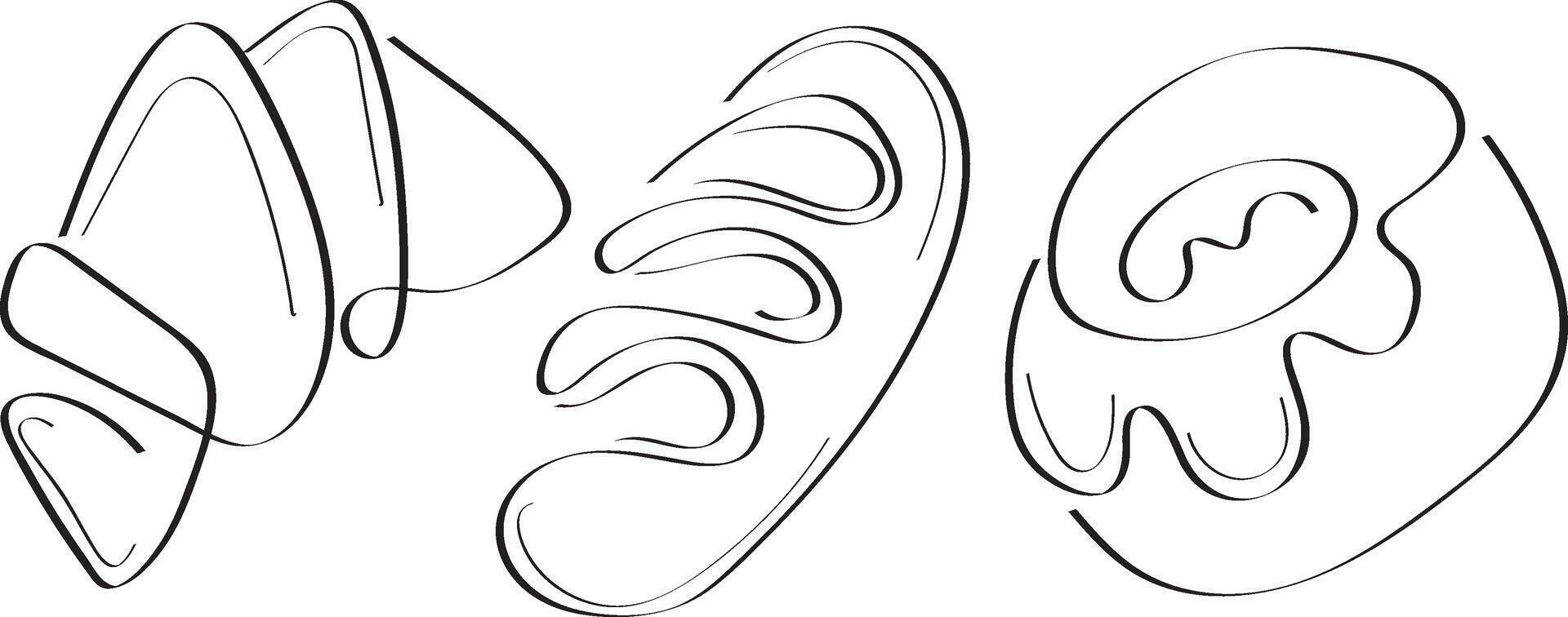 set of simple bakery icons, namely croissant, loaf and donut in line art style vector