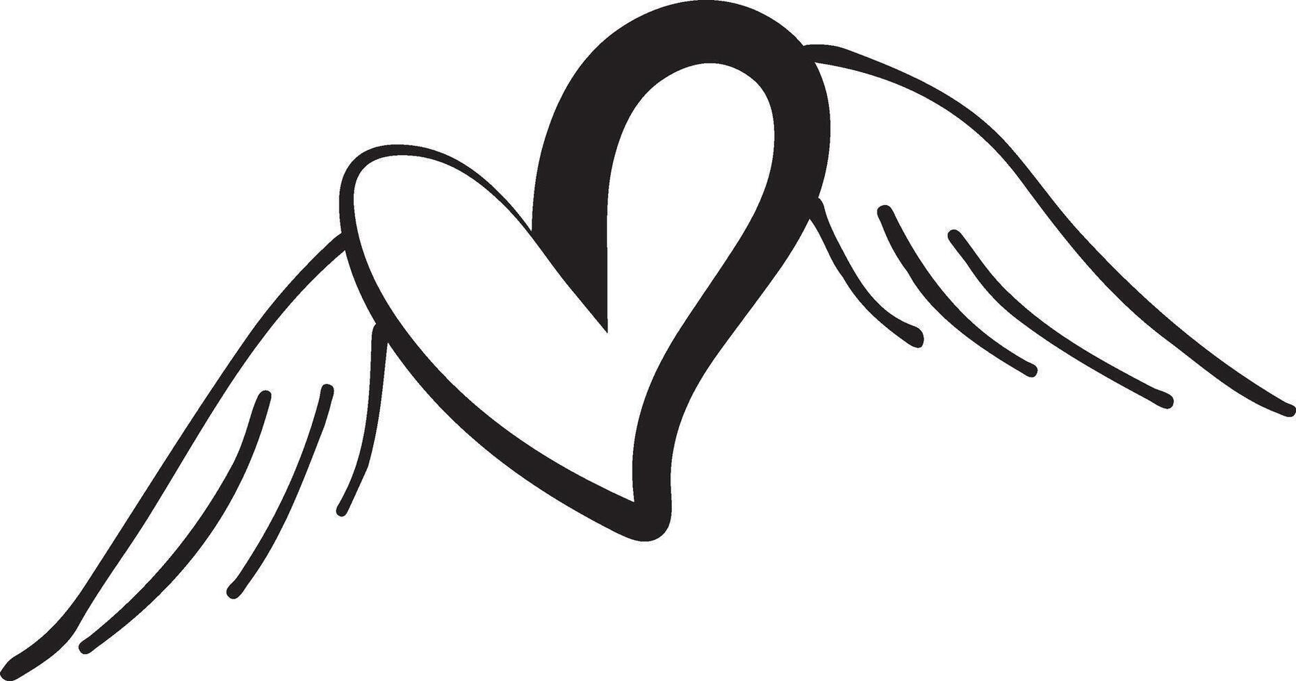 festive heart icon with folded bird wings drawn in outline in line art style vector